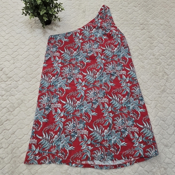 LOFT Dresses & Skirts - LOFT Red and Blue Floral One-Shoulder Short Shift Dress, Size Medium